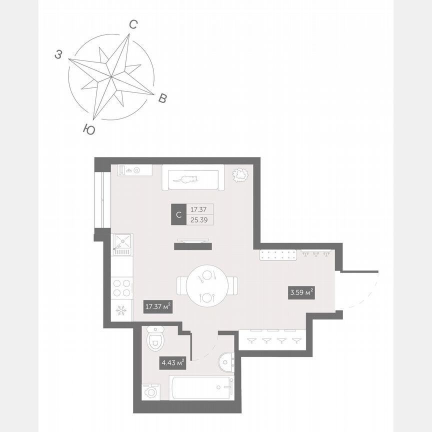 Апартаменты-студия, 25,4 м², 9/13 эт.
