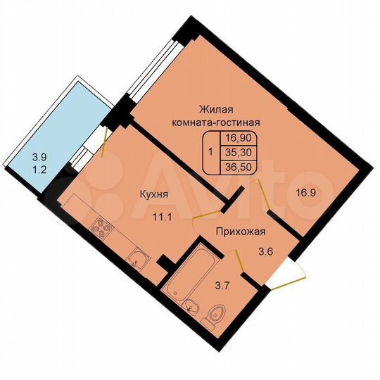 1-к. квартира, 36,5 м², 2/9 эт.