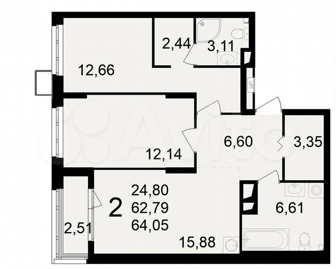 2-к. квартира, 64,1 м², 3/23 эт.
