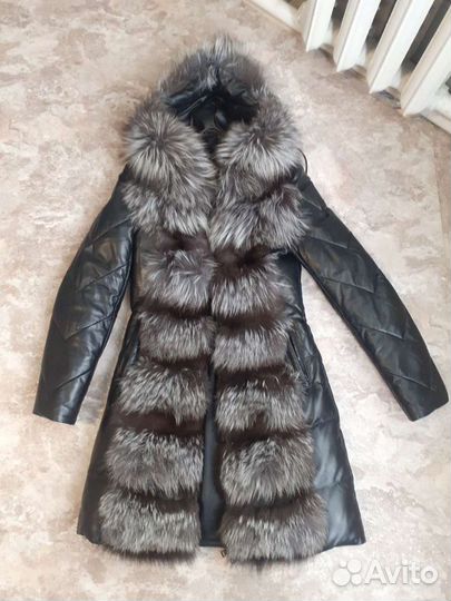 Кожанный пуховик с чернобуркой