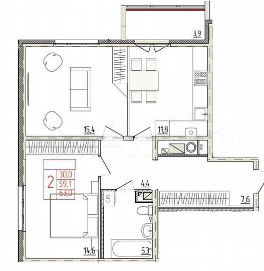 2-к. квартира, 63 м², 7/9 эт.