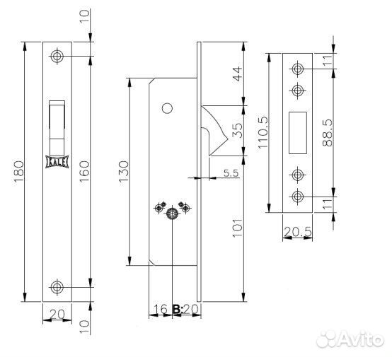 Врезной замок Kale Kilit 201F 20 mm 3 ключа, никел