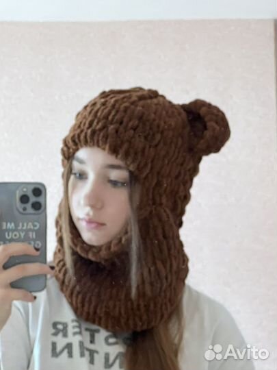 Снуд, шапка-балаклава с ушками медведя