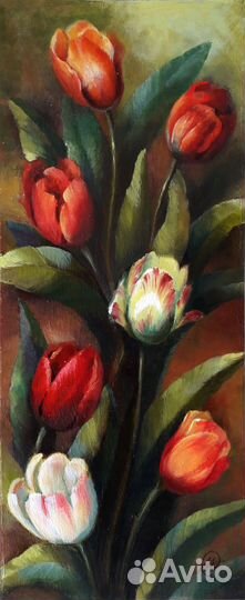 Картина с цветами маслом тюльпаны 16х36см
