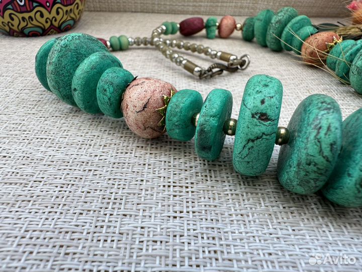 Массивное колье ожерелье бирюза латунь мозаика