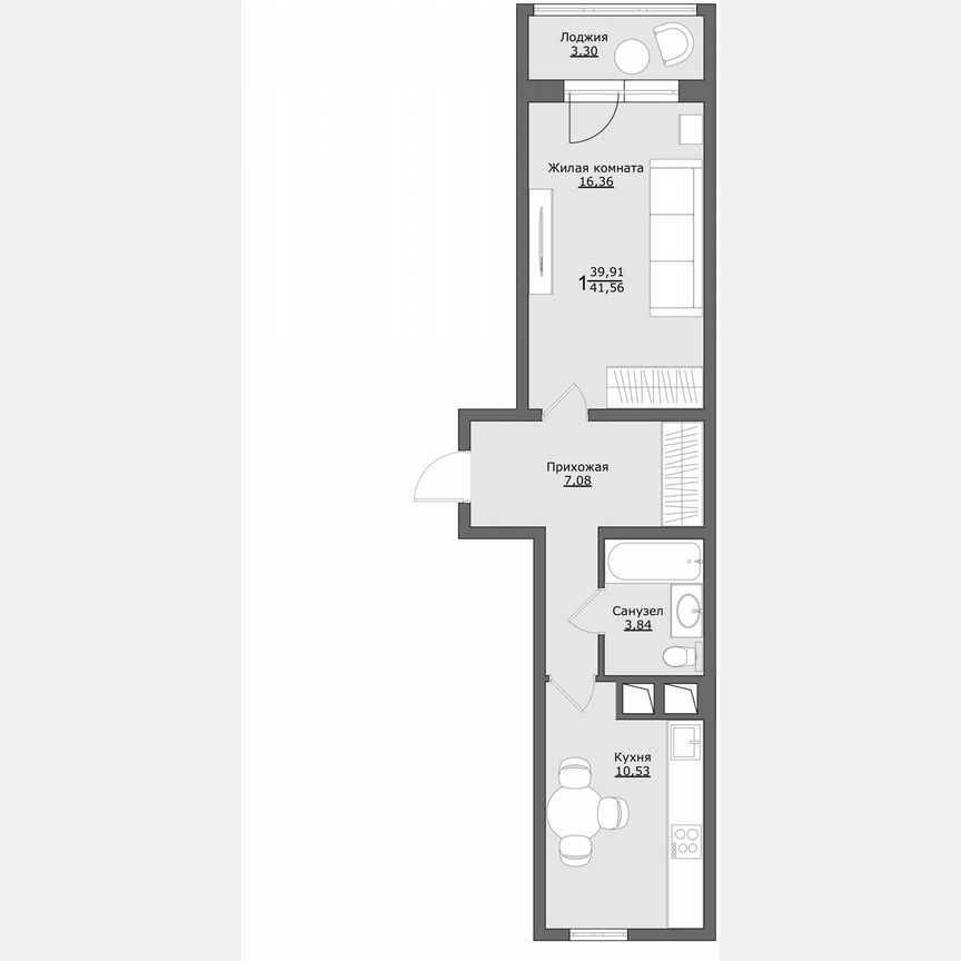 1-к. квартира, 41,6 м², 5/9 эт.