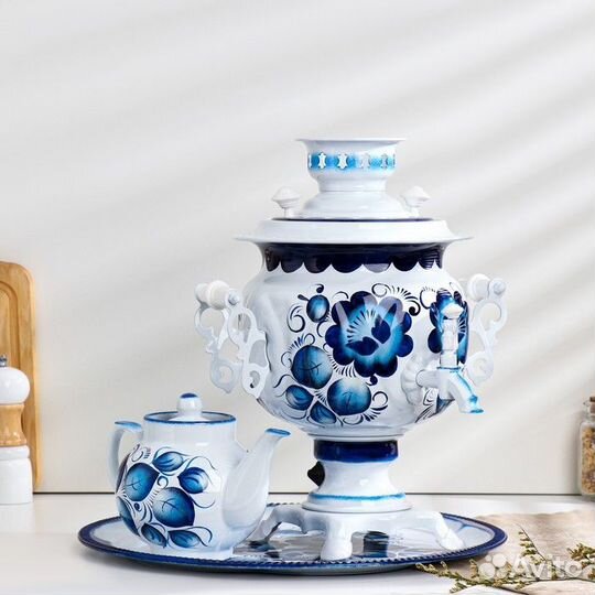 Набор «Гжель», овал, 3 предмета, самовар 3 л, зава