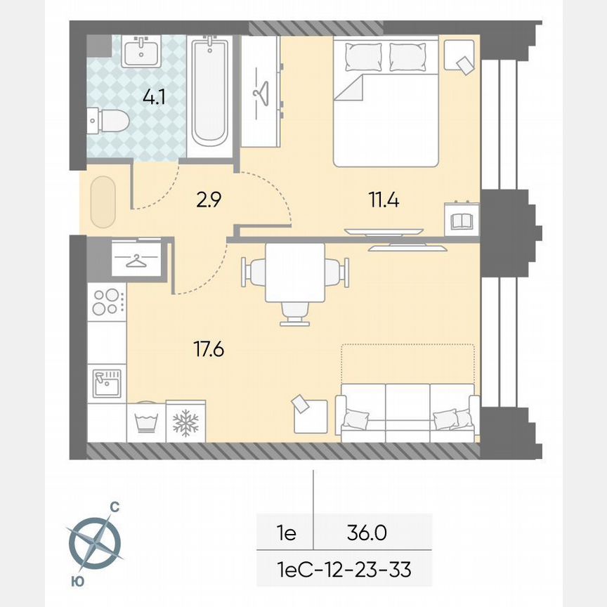 1-к. квартира, 36 м², 25/43 эт.