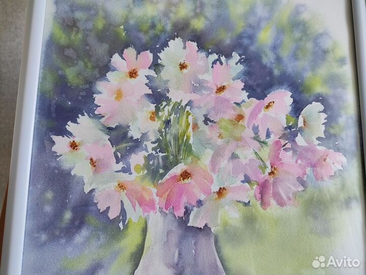 Картина акварелью цветы космеи 30 40