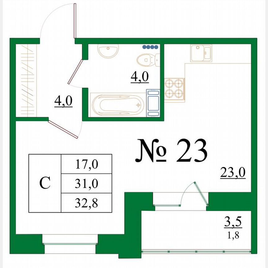 Квартира-студия, 32,8 м², 3/8 эт.