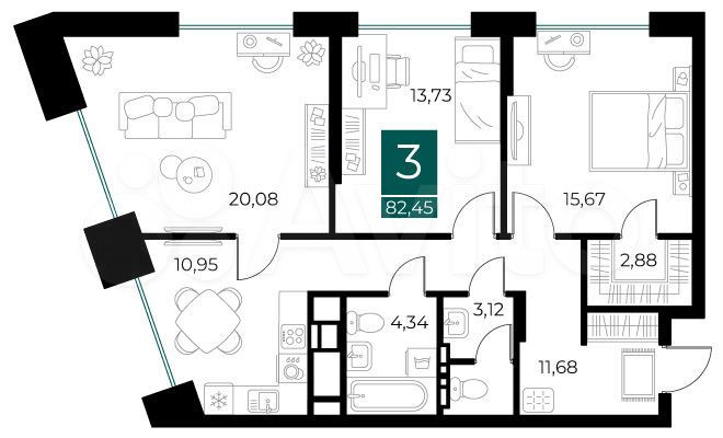 3-к. квартира, 82,5 м², 6/13 эт.