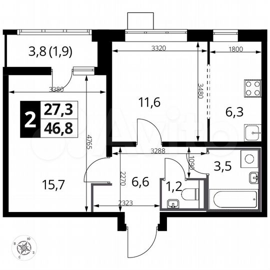 2-к. квартира, 46,8 м², 3/24 эт.