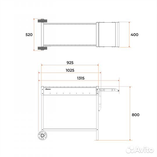 Мангал с колесами и полками, сталь 3мм