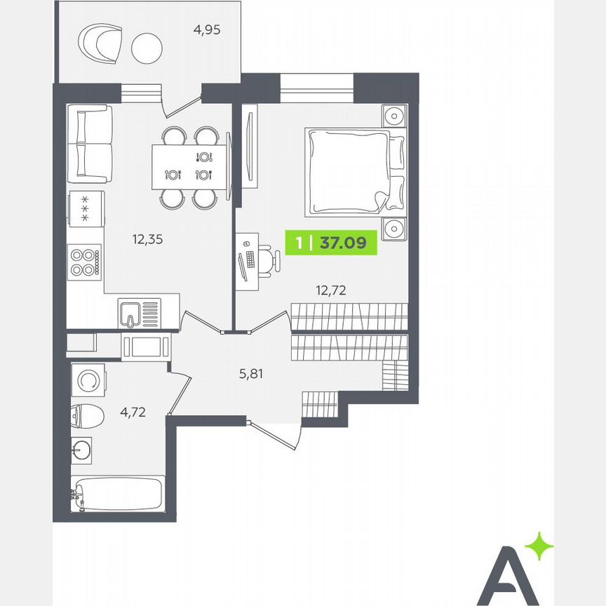 1-к. квартира, 37,1 м², 7/12 эт.