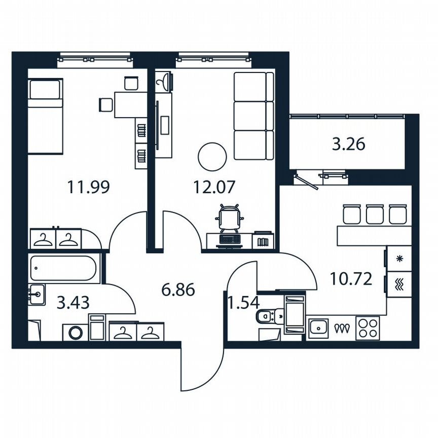 2-к. квартира, 48,2 м², 2/12 эт.