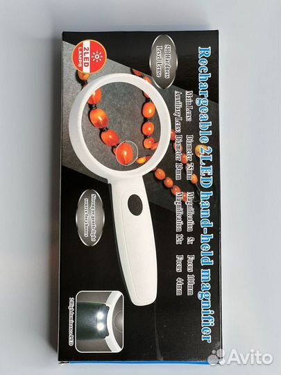 Лупа с подсветкой 2led d75мм, с аккум, зарядка usb