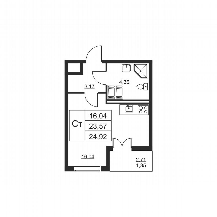 Квартира-студия, 24,9 м², 14/19 эт.