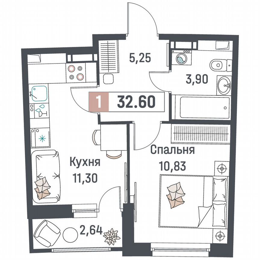 1-к. квартира, 32,6 м², 6/18 эт.