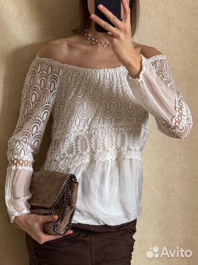Белая шелковая блузка с кружевом, 44-46 р