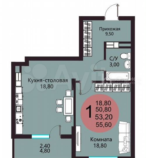 1-к. квартира, 53,2 м², 7/15 эт.