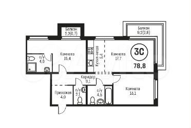 3-к. квартира, 78,8 м², 2/8 эт.