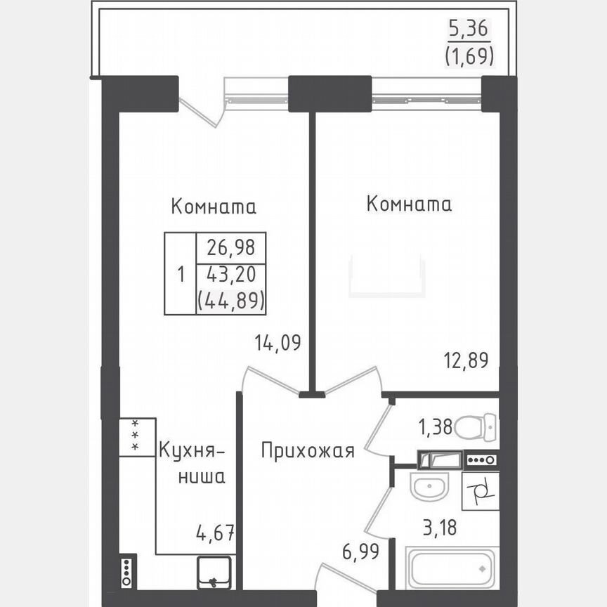 1-к. квартира, 44,9 м², 2/5 эт.