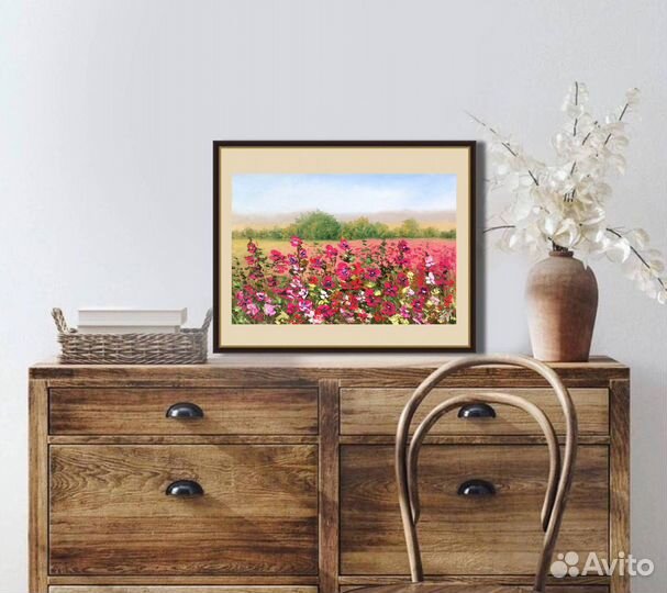 Картина маслом Летний пейзаж с мальвами