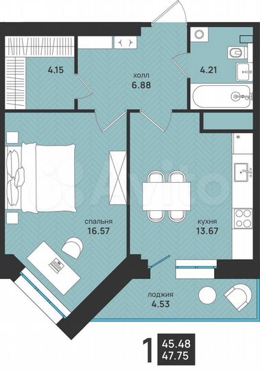 1-к. квартира, 47,8 м², 5/9 эт.