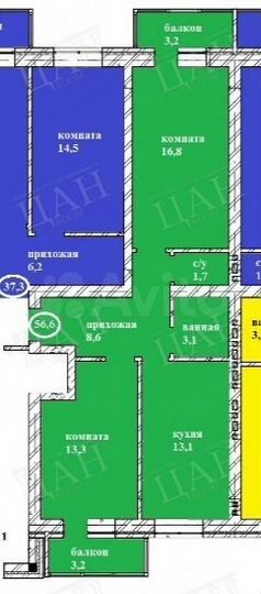 2-к. квартира, 56,6 м², 1/4 эт.
