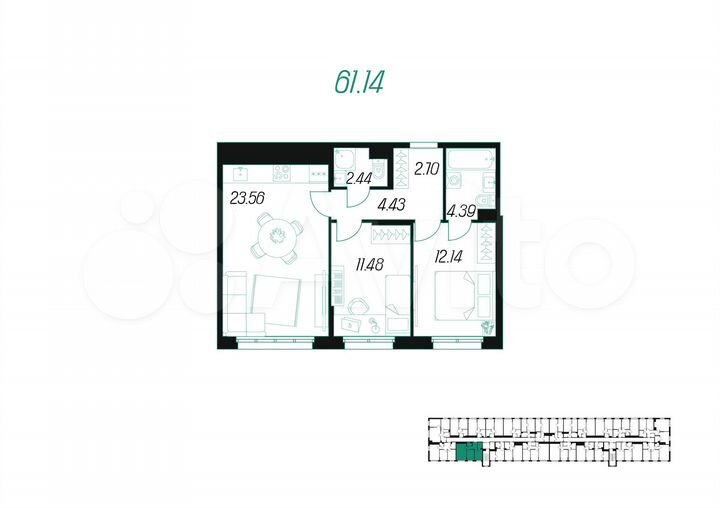 2-к. квартира, 61,6 м², 4/10 эт.