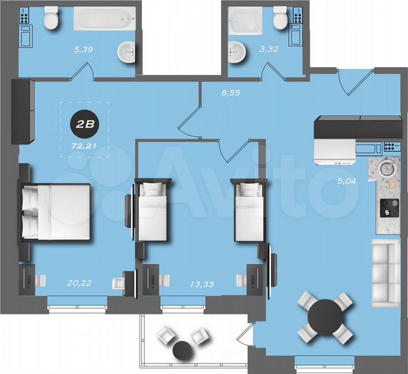 2-к. квартира, 72,7 м², 5/22 эт.