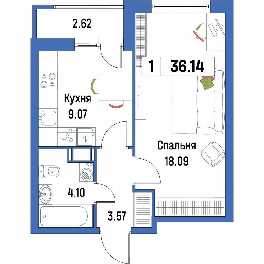 1-к. квартира, 36,1 м², 9/16 эт.