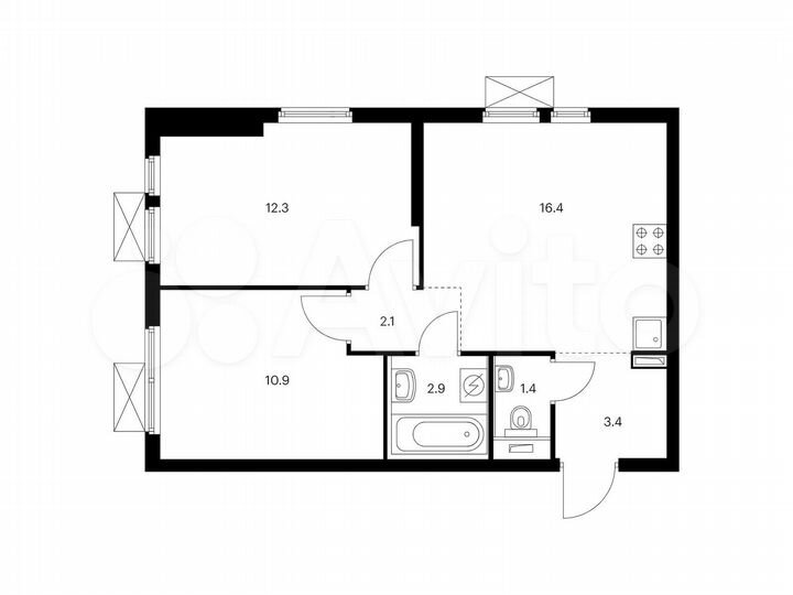 2-к. квартира, 49,4 м², 9/25 эт.