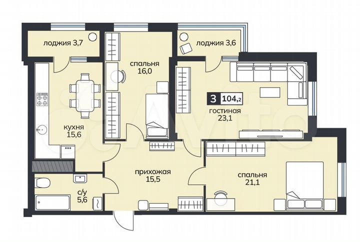 3-к. квартира, 104,2 м², 8/15 эт.