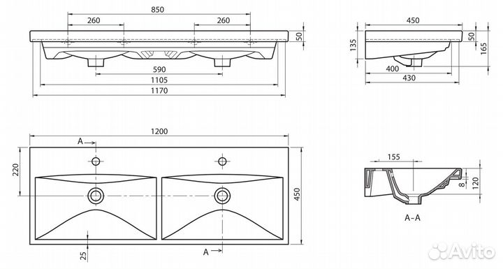 Новая раковина с двумя чашами 1200x450