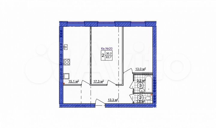 2-к. квартира, 63,7 м², 3/3 эт.