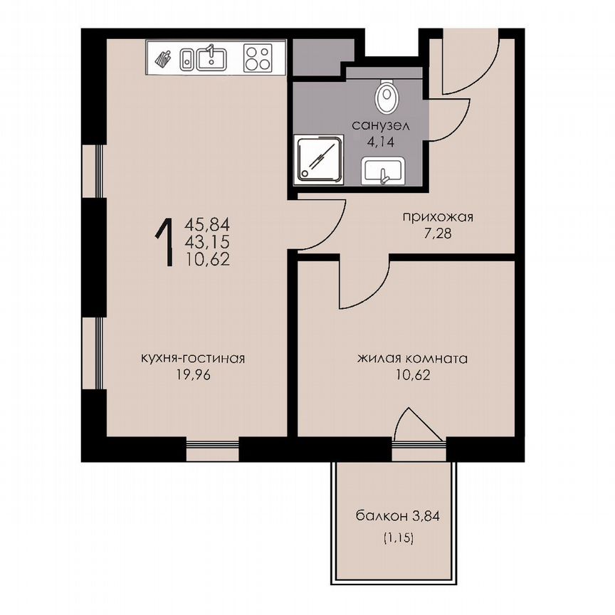 1-к. апартаменты, 43,2 м², 3/6 эт.
