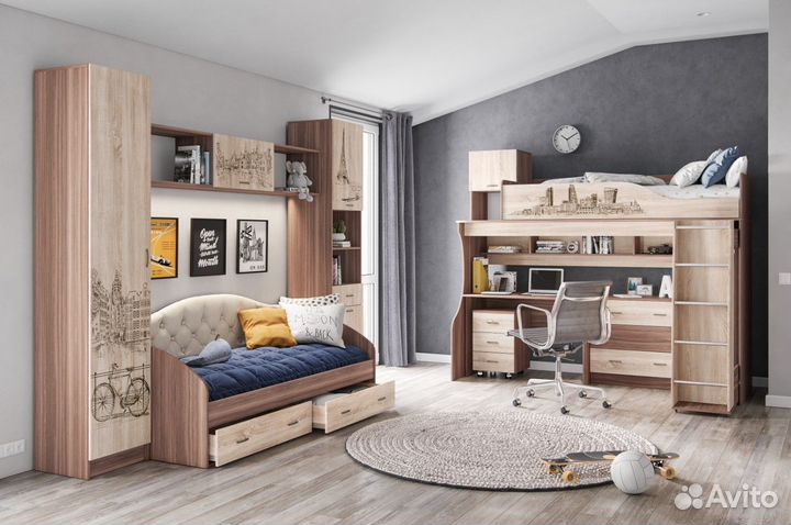Кровать-чердак Орион Ясень/Дуб Сонома 80x190