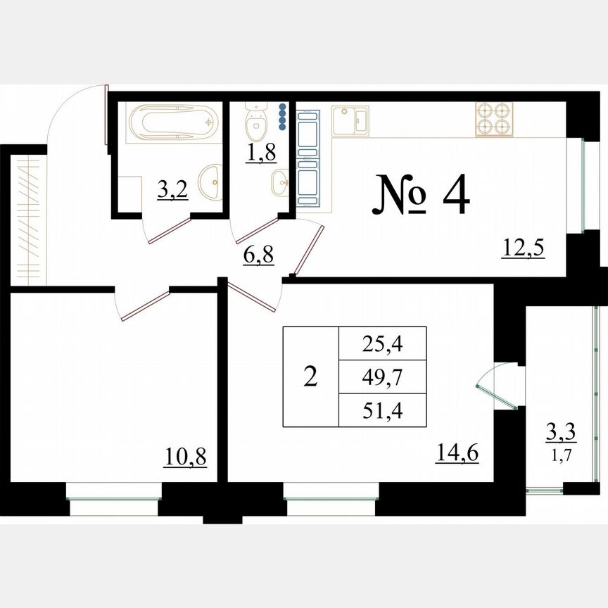 2-к. квартира, 51,4 м², 1/8 эт.