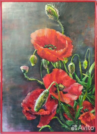Картина, цветы. Красные маки, масло