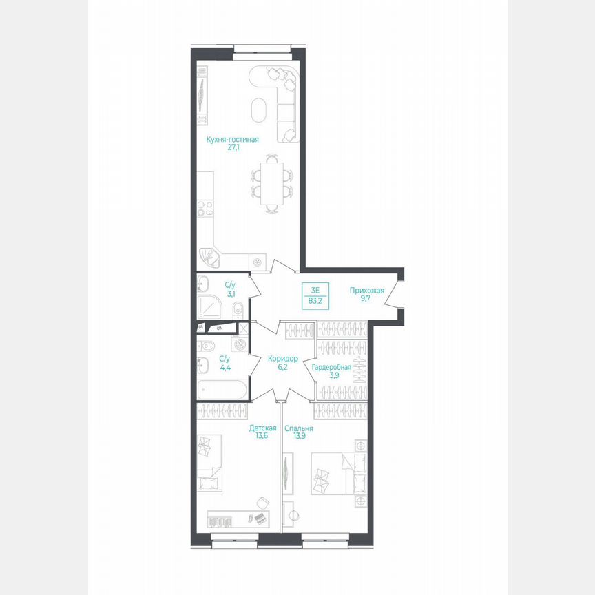 3-к. апартаменты, 83,2 м², 2/10 эт.