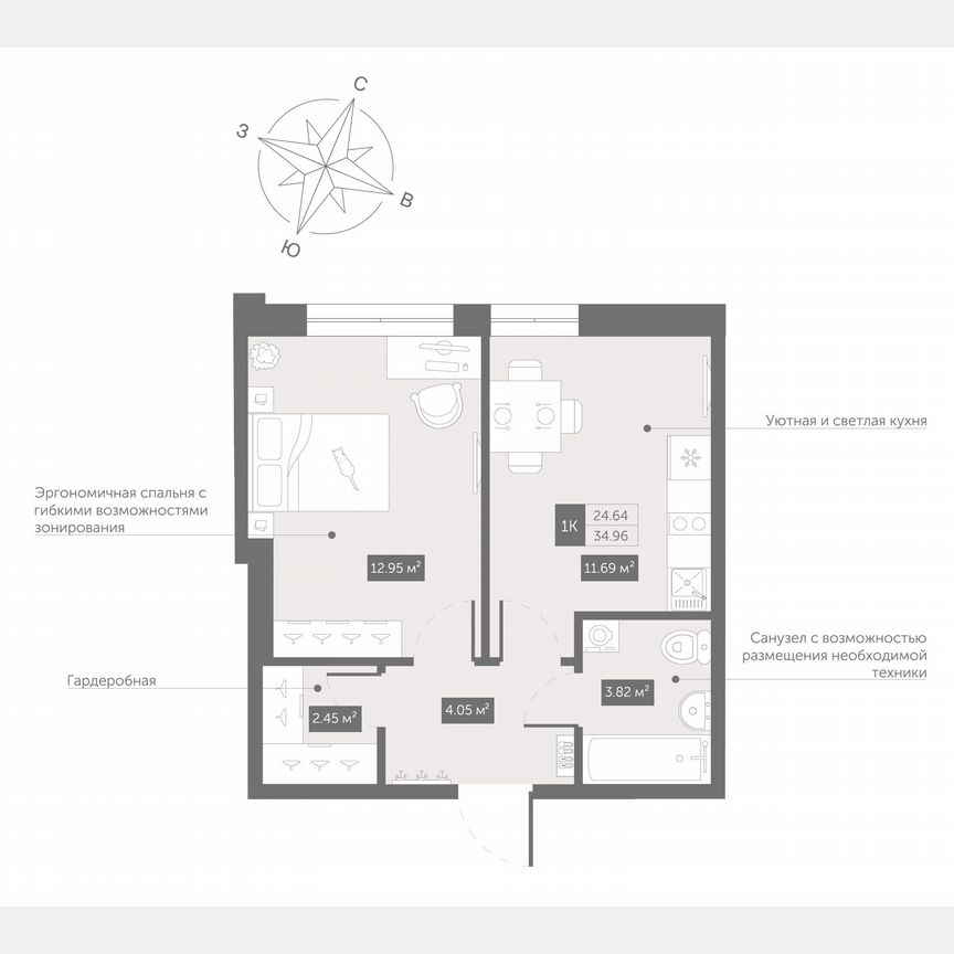 1-к. апартаменты, 35 м², 10/13 эт.