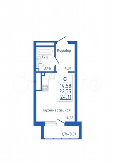 Квартира-студия, 24,1 м², 13/25 эт.