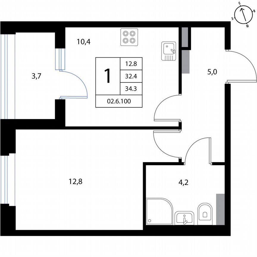 1-к. квартира, 34,3 м², 3/3 эт.