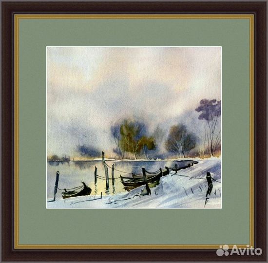 Картина акварелью Зимний пейзаж с лодками