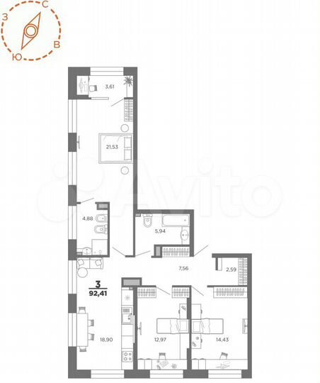 3-к. квартира, 92,4 м², 7/22 эт.