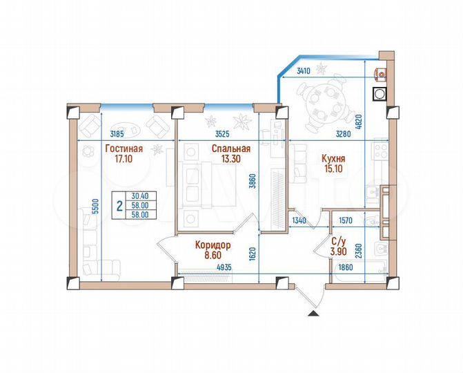 2-к. квартира, 58 м², 3/8 эт.