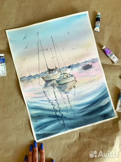 Картина акварель морской пейзаж лодки