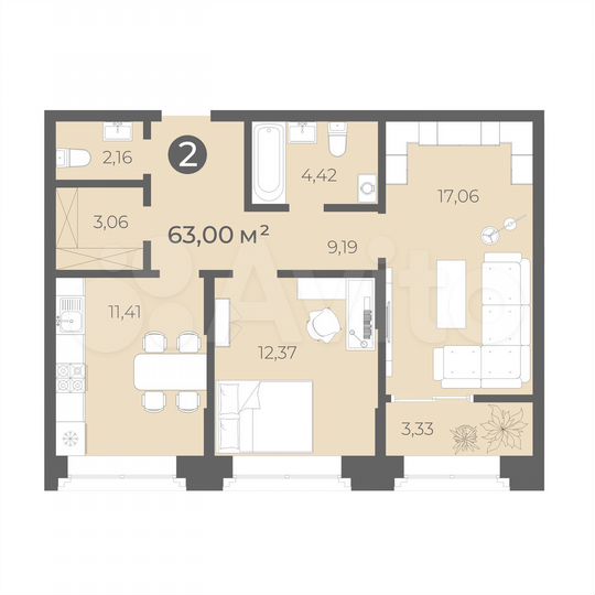 2-к. квартира, 63 м², 2/16 эт.
