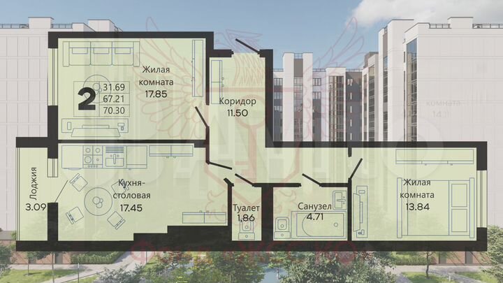 2-к. квартира, 68,8 м², 6/10 эт.